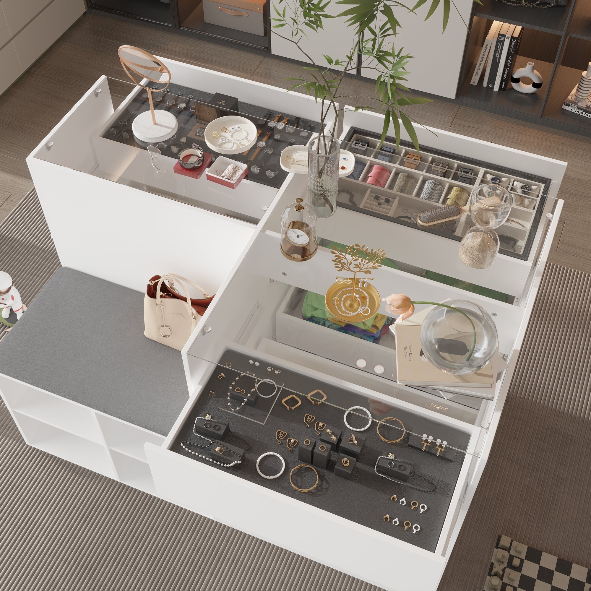 47.2 inches Modern White 4-Shelf Chest With Top And Comfortable Bench