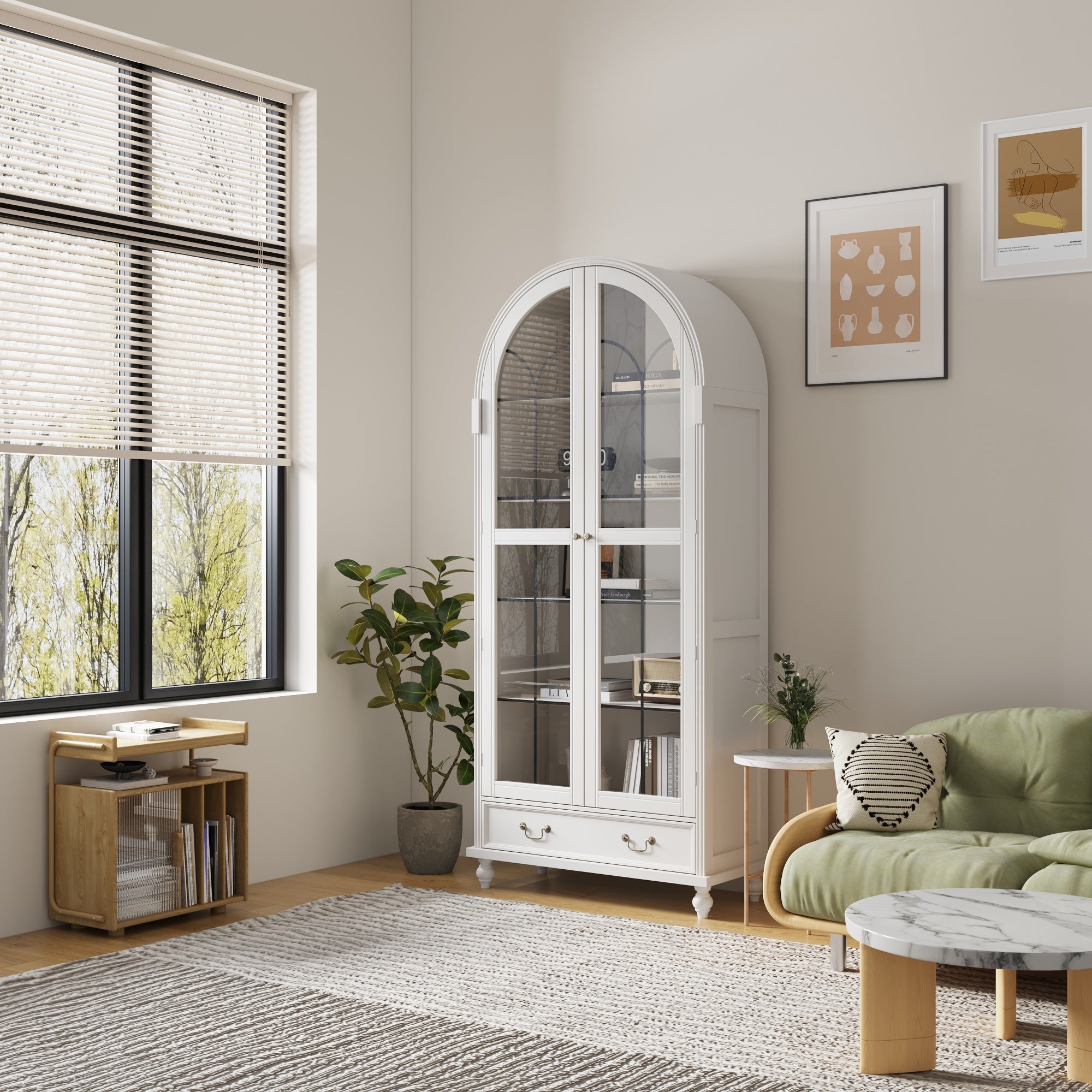 77'' H 2-Drawer Arched 5-Tier Bookcase Display Cabinet With Glass Doors