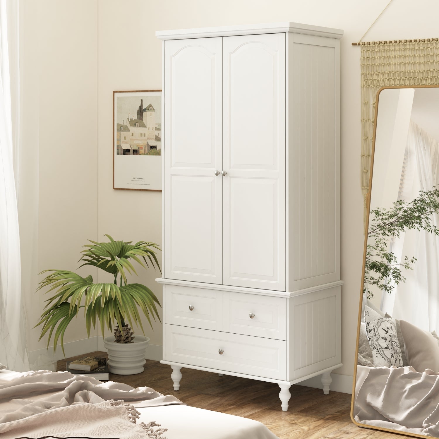 White Wardrobe Bedroom Storage Cabinet Armoire with 3 Drawers - Thumbnail 4