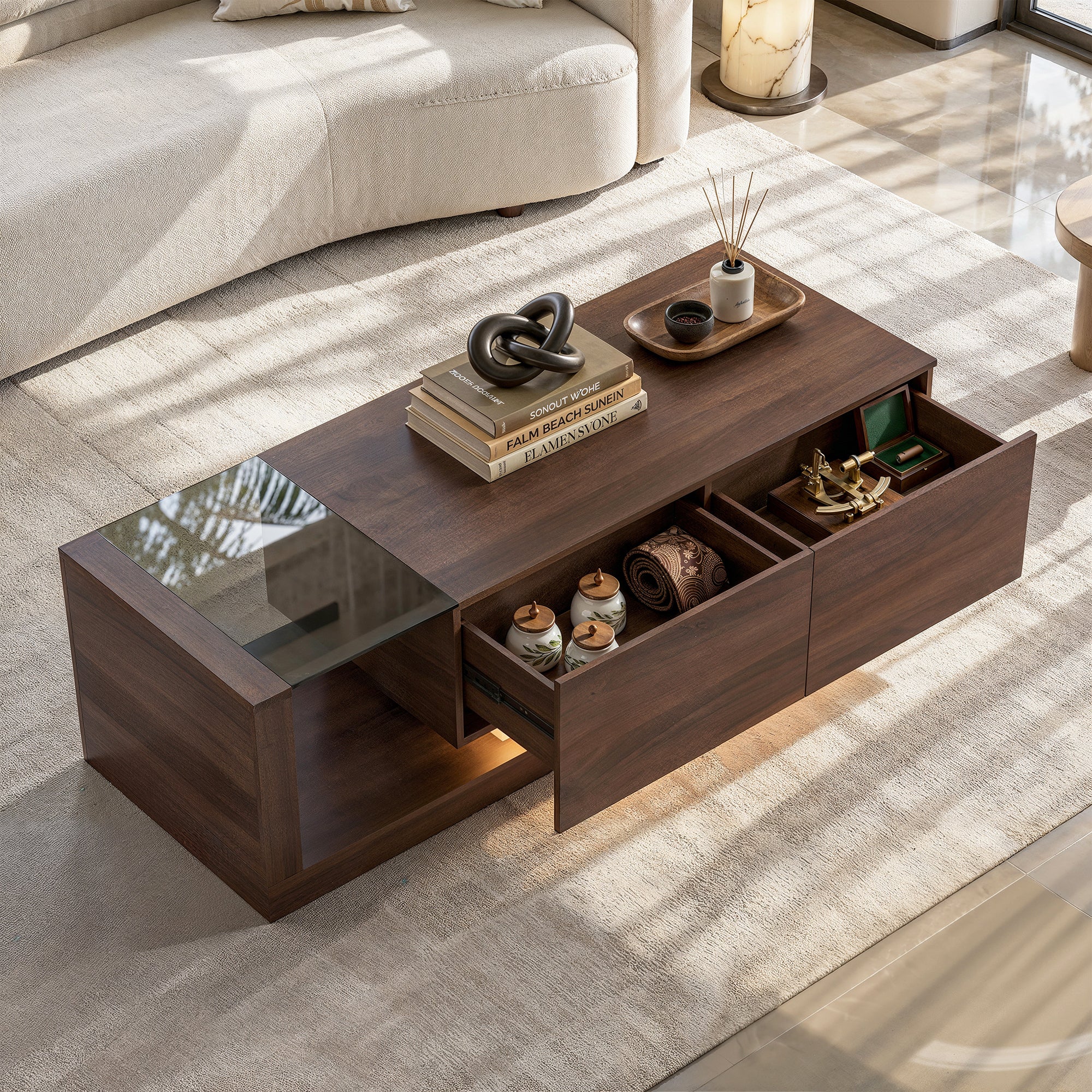 Modern Brown Coffee Table with Ambient Lighting