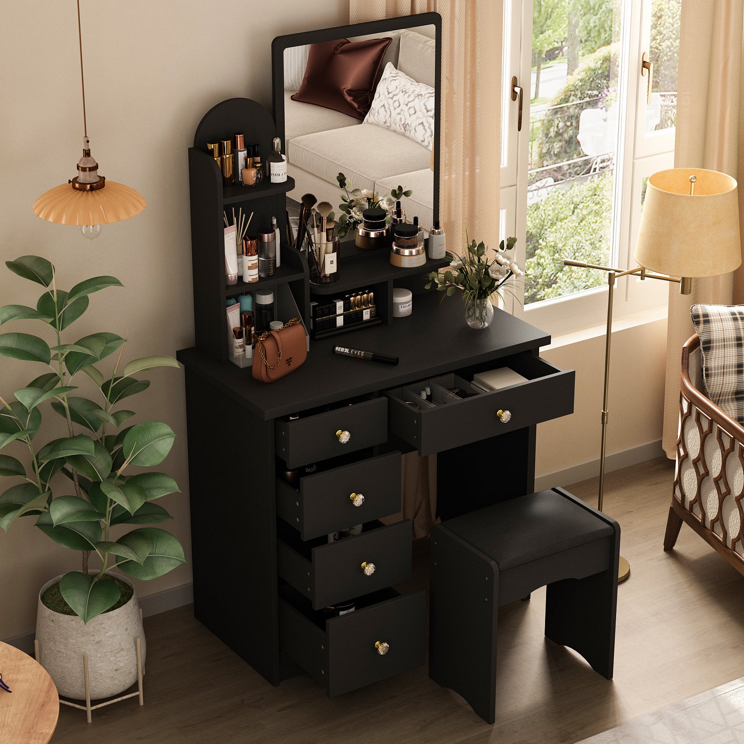 Modern Vanity Desk With Mirror, 5 Drawers, Shelves And Matching Stool, Makeup Dressing Table