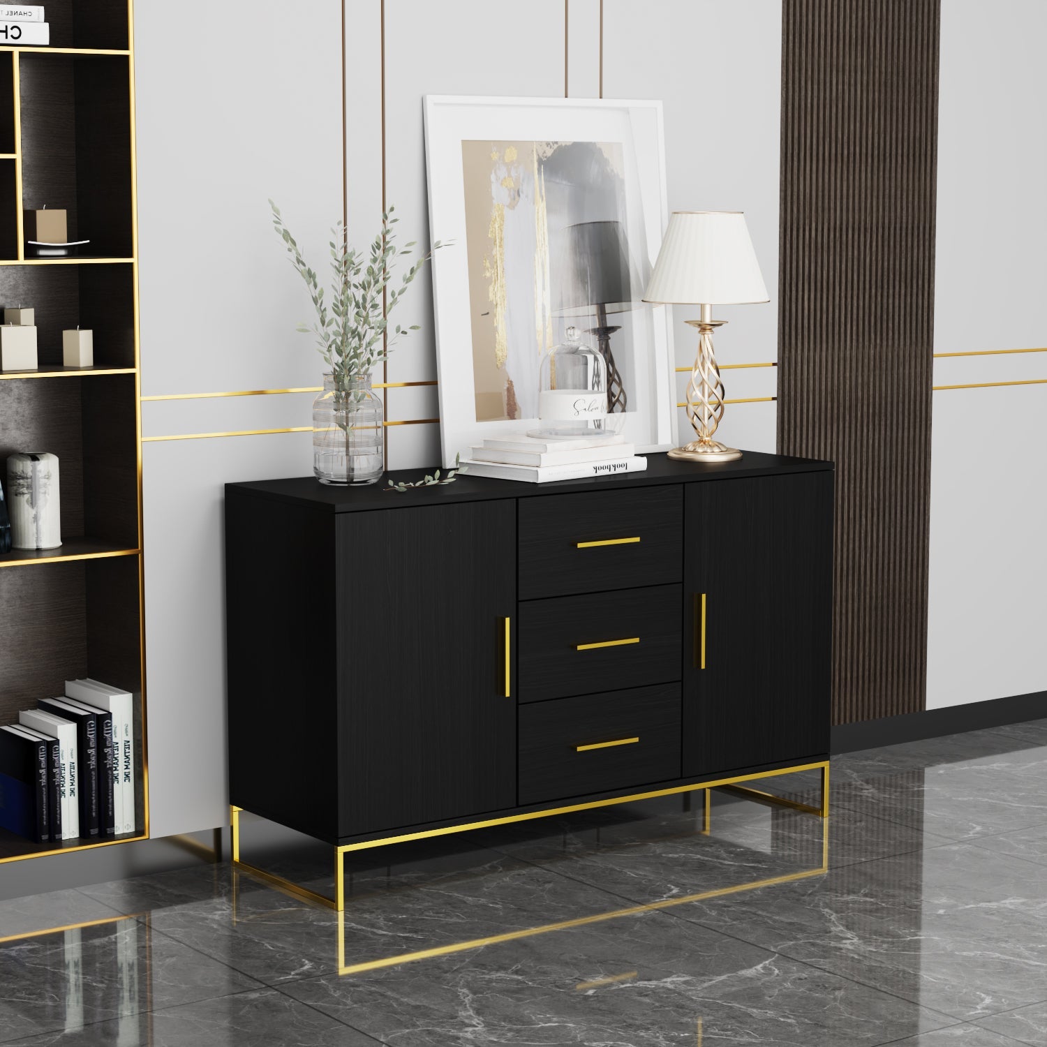 Buffet Sideboard with 3 Drawers & 2 Doors Storage Cabinet Sideboard Credenza Metal Legs for Dining Room and Living Room