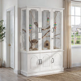 White pet cage with glass doors in a room with a window and door.
