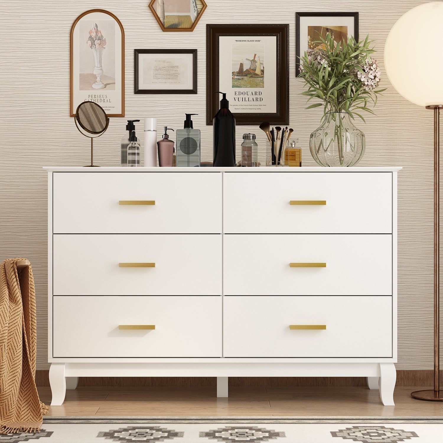 Modern White Finish Double Dresser 6-Drawer Cabinet for Hallway Entryway Living Room