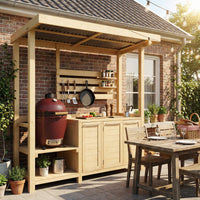 Outdoor kitchen area with wooden pergola, grill, and dining table.