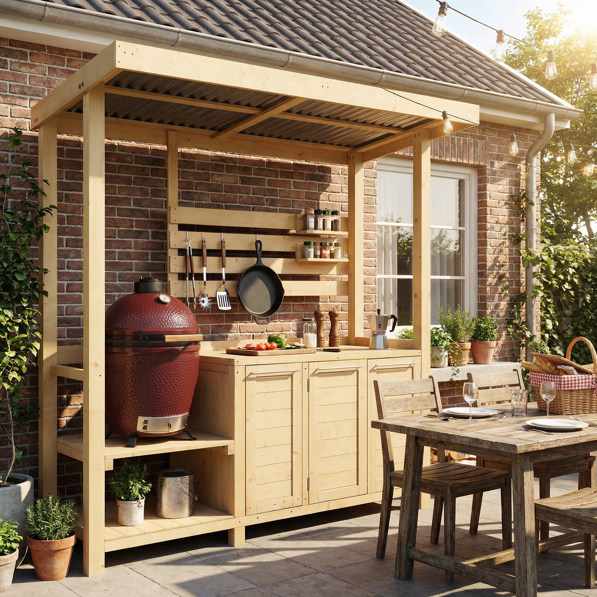 Outdoor kitchen area with wooden pergola, grill, and dining table.