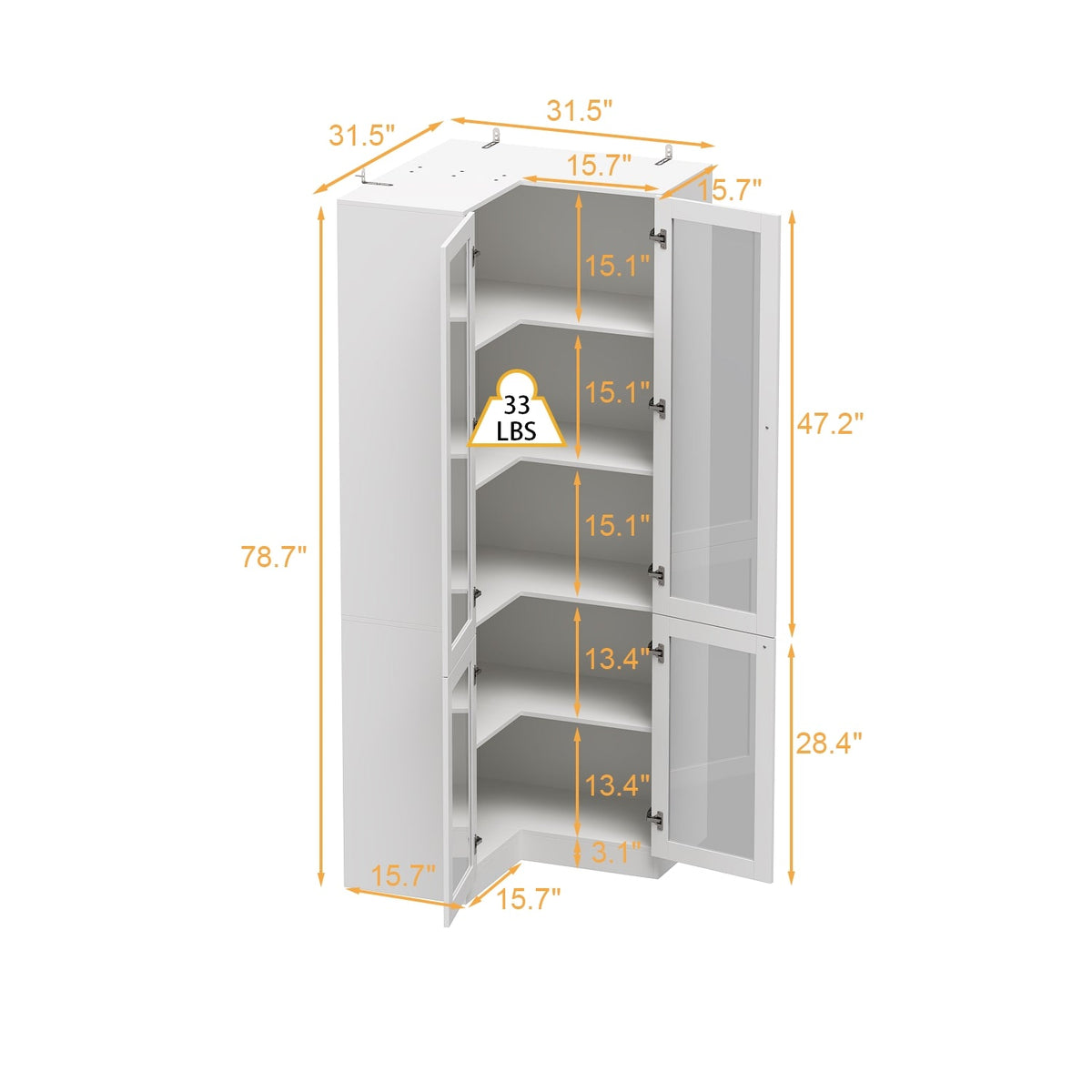 31.5" Contemporary White L-shaped Curio Display Cabinet with Glass Doors