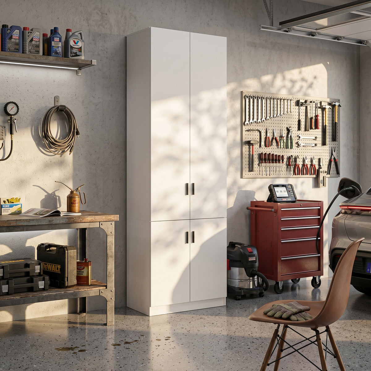 31.5" White Engineered Wood Tall 4-Door Garage Storage Cabinet with Adjustable Interior Shelves