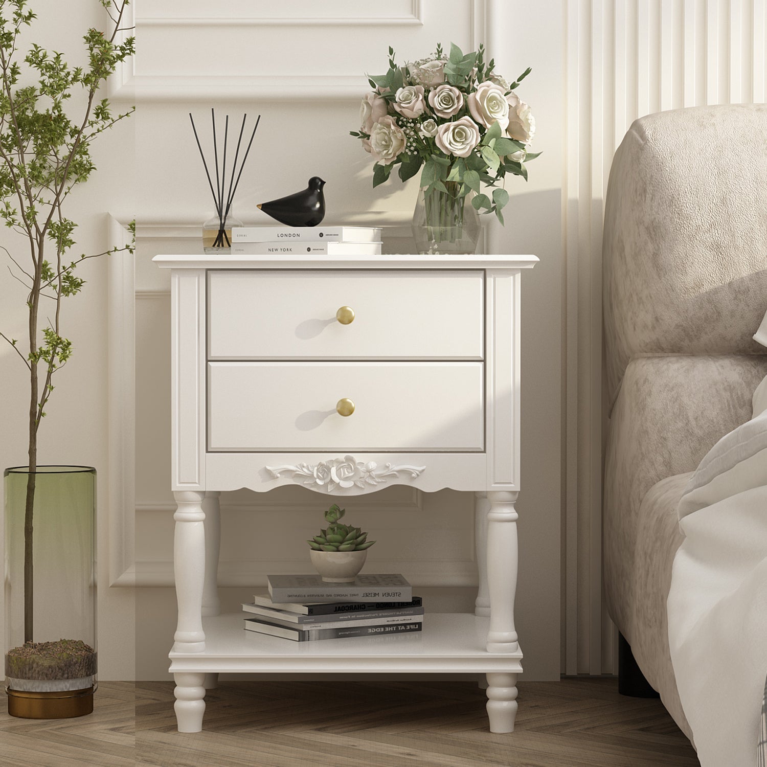 End Table Side Table Bedroom Night Stand Bedside Embossed Table with 2 Drawers & Open Shelf - Thumbnail 3