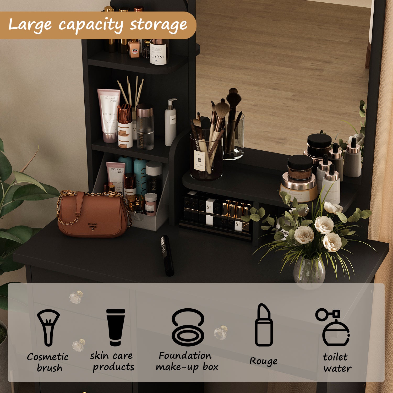 Modern Vanity Desk With Mirror, 5 Drawers, Shelves And Matching Stool, Makeup Dressing Table