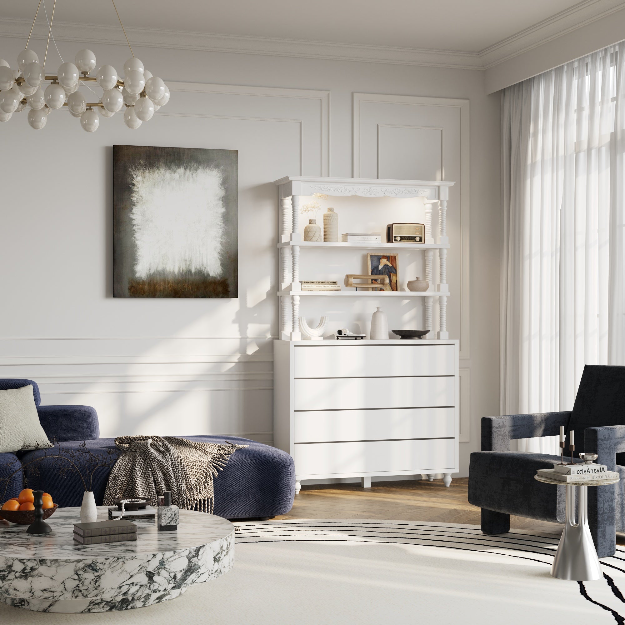 Elegant White Storage Cabinet With Adjustable Lighting