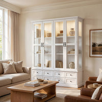 63" Smart White Display Cabinet with Bluetooth LED Lights, 8 Drawers and Glass Doors
