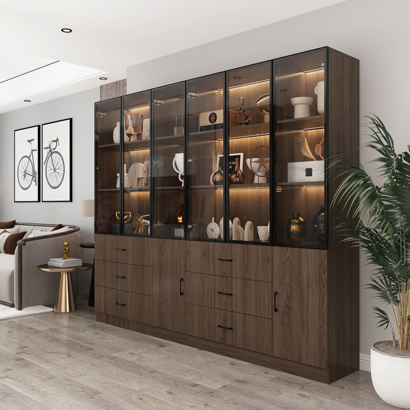 Geyma 94.4" Modern Brown Extra Wide Display Case with LED Lights & 6 Glass Doors