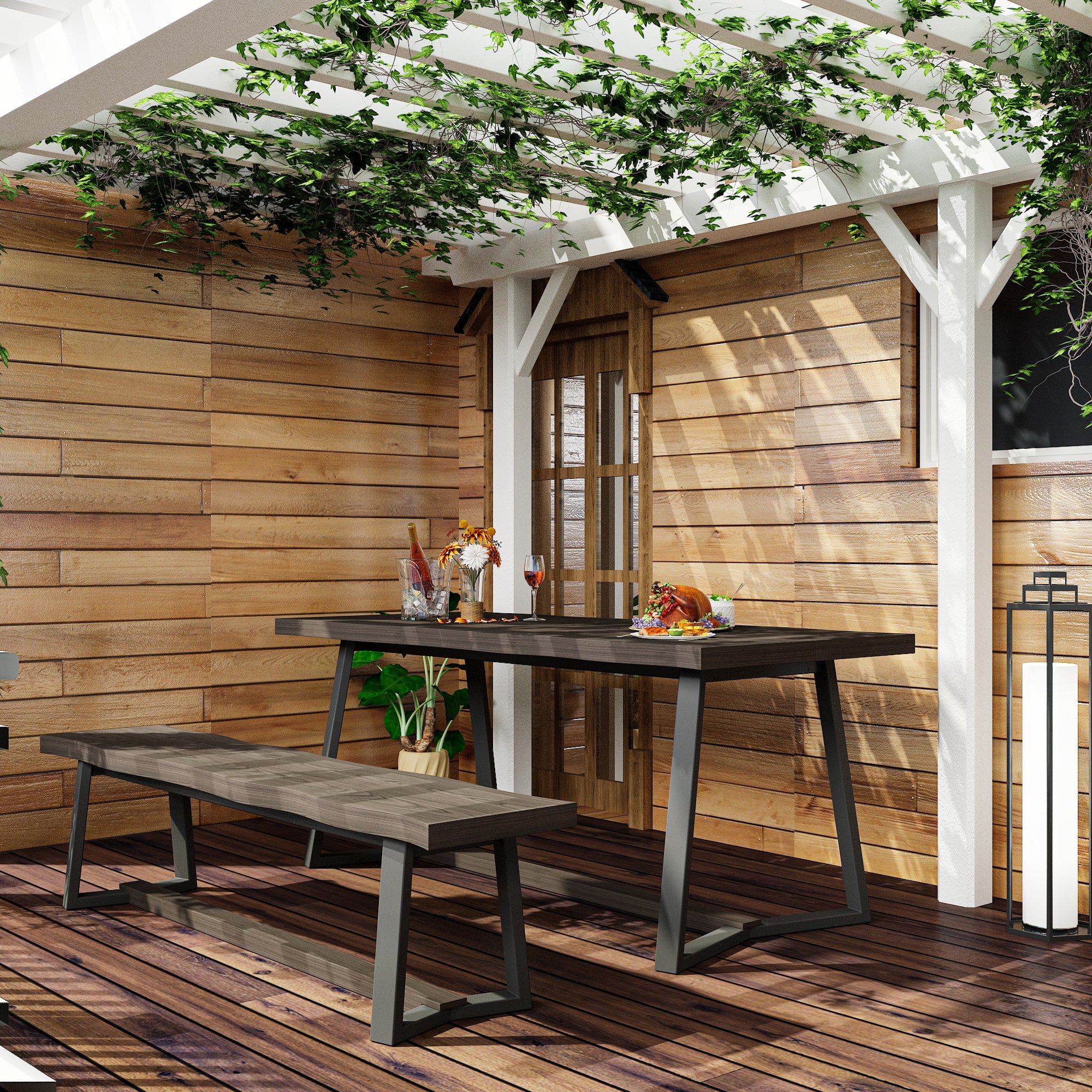 Wood Patio Dining Set with Bench