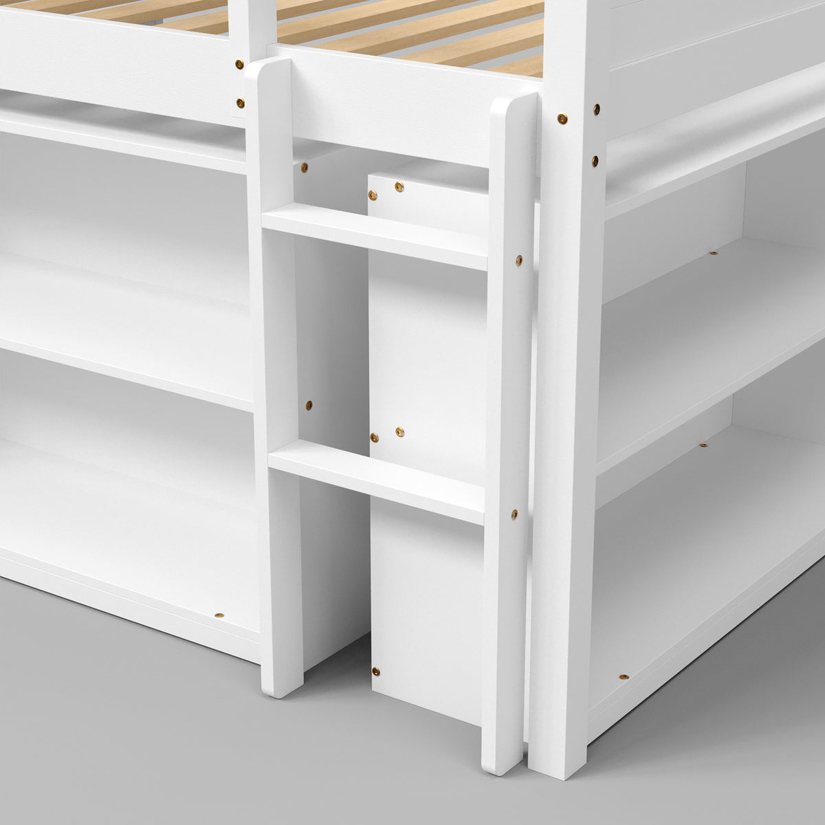 White kids loft bed with built-in desk, shelves, ladder, and storage space