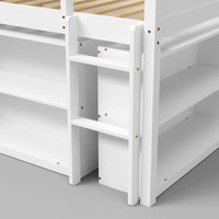 White kids loft bed with built-in desk, shelves, ladder, and storage space
