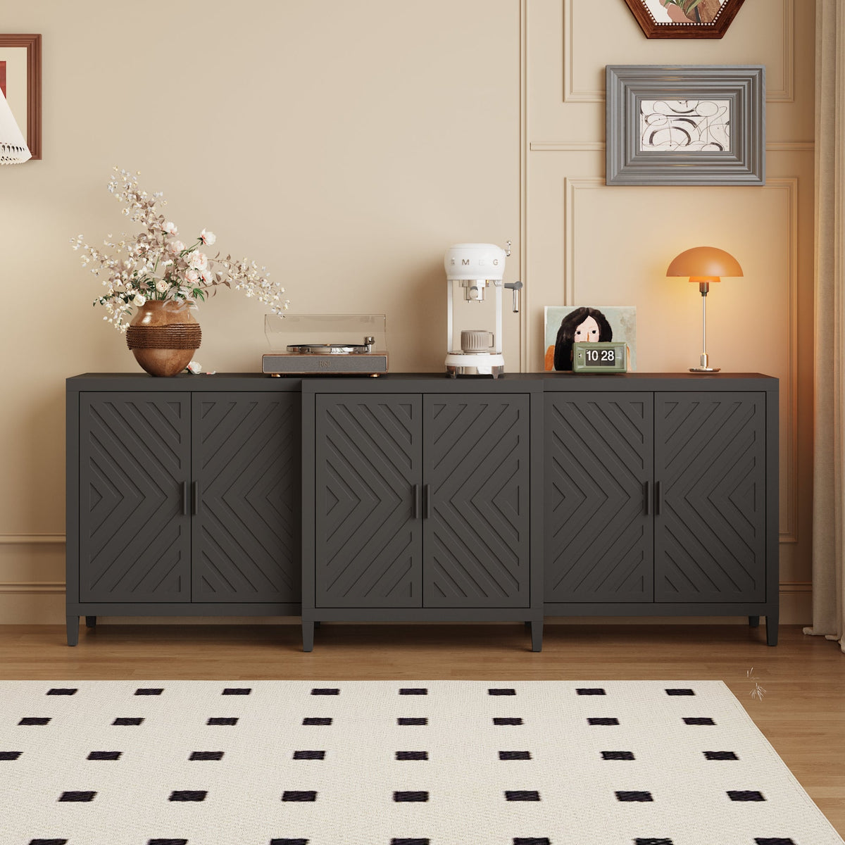 94.5" Modern Black 6-Door Storage Cabinet with Strong Storage
