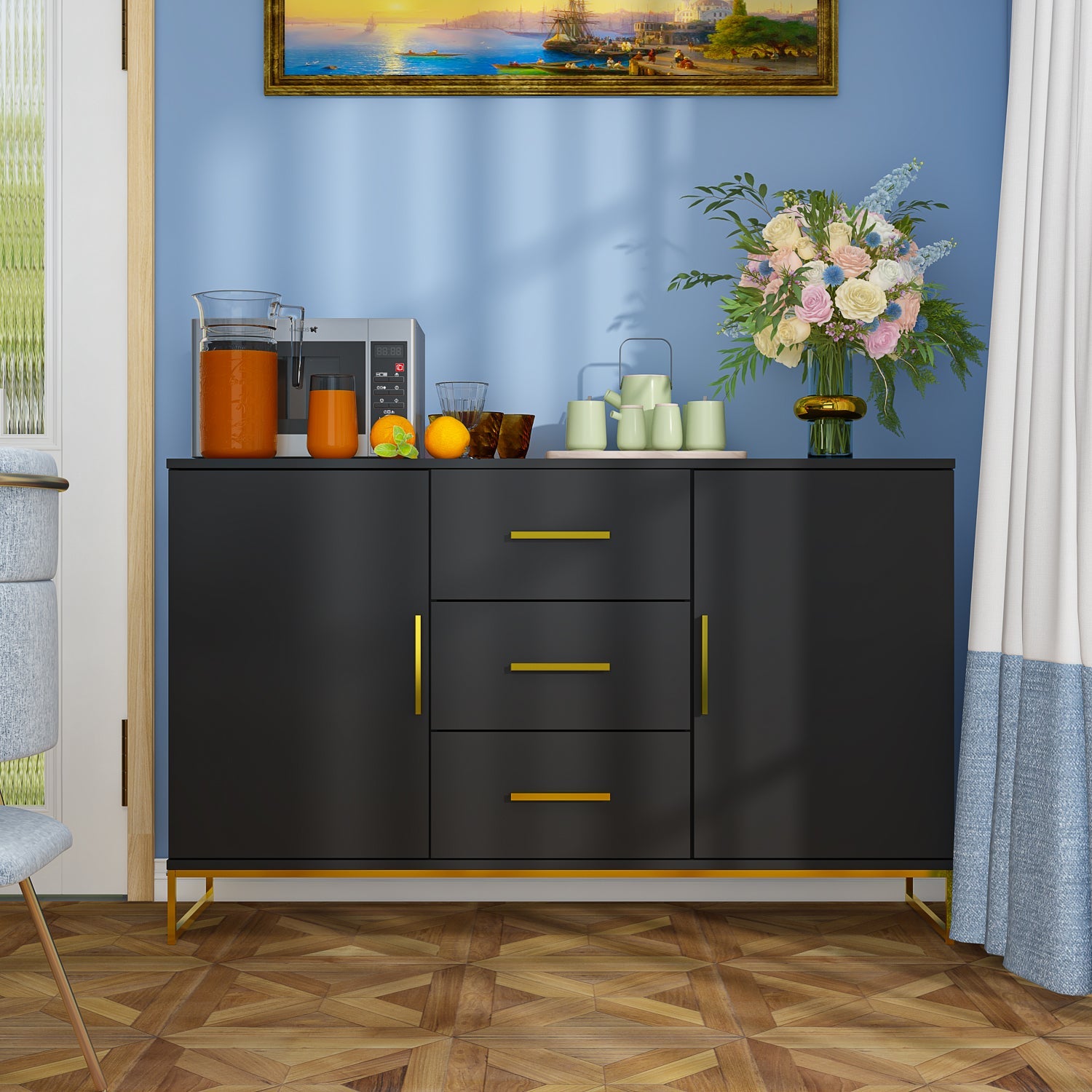 Buffet Sideboard with 3 Drawers & 2 Doors Storage Cabinet Sideboard Credenza Metal Legs for Dining Room and Living Room