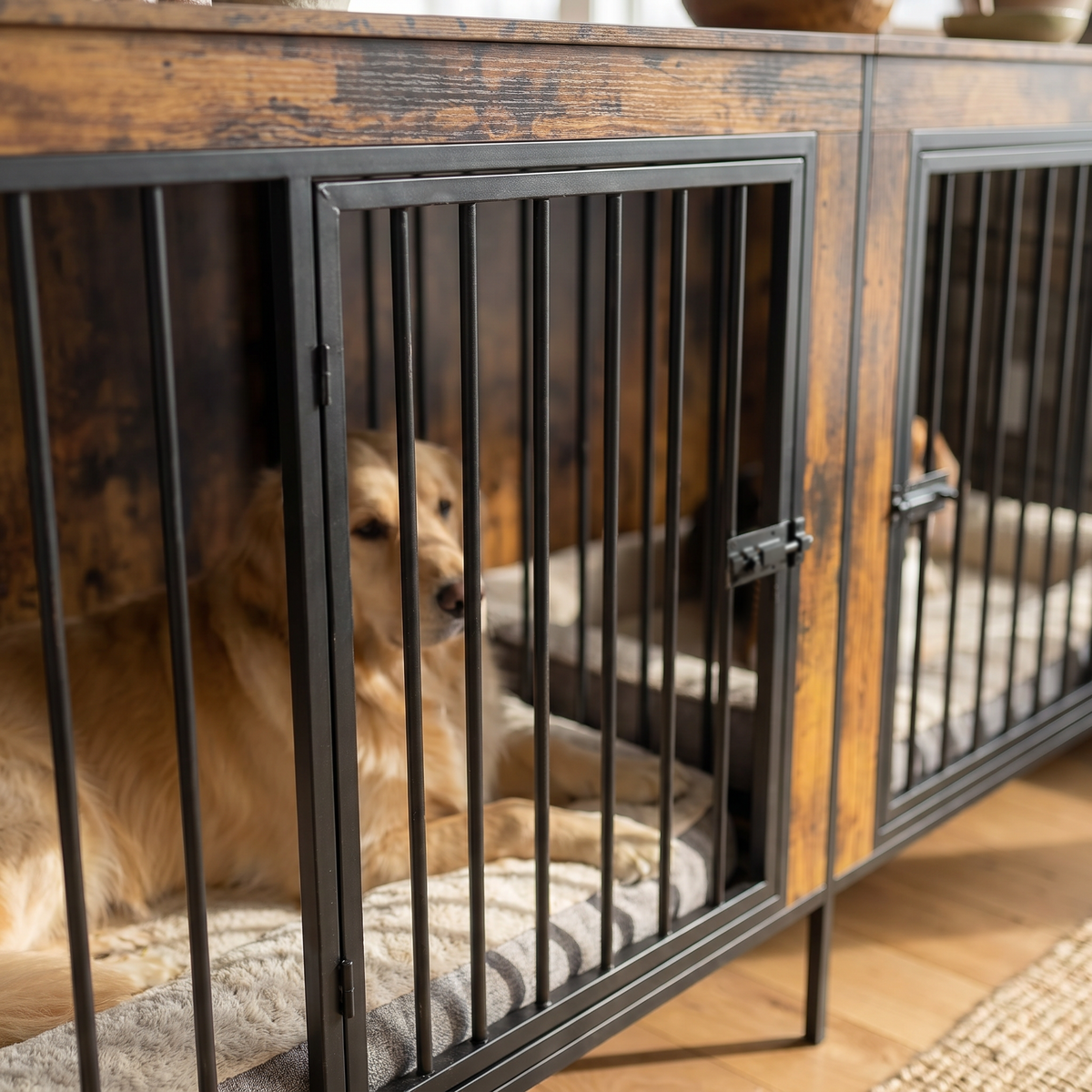 78.7" Rustic Wood Double Dog Crate End Table with Divider & Raised Legs