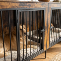 78.7" Rustic Wood Double Dog Crate End Table with Divider & Raised Legs