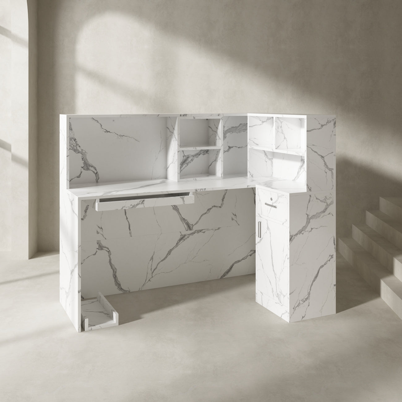 L-Shaped Reception Desk with Large Storage Filing Cabinets