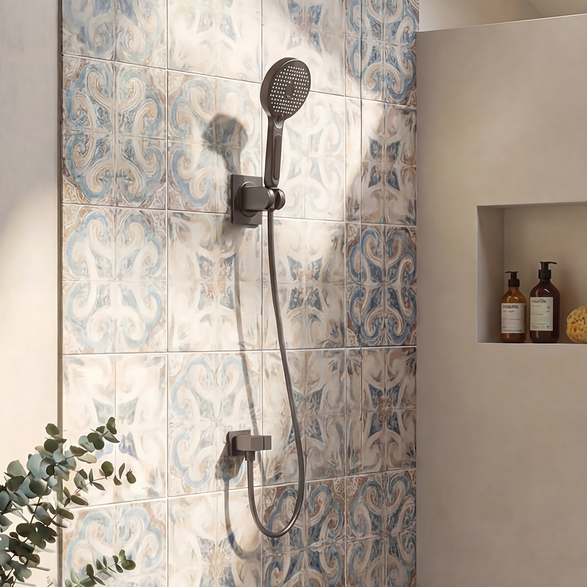 59" Modern Black Handheld Shower Head with Fahrenheit Temperature Display, Flexible Hose and Wall Bracket