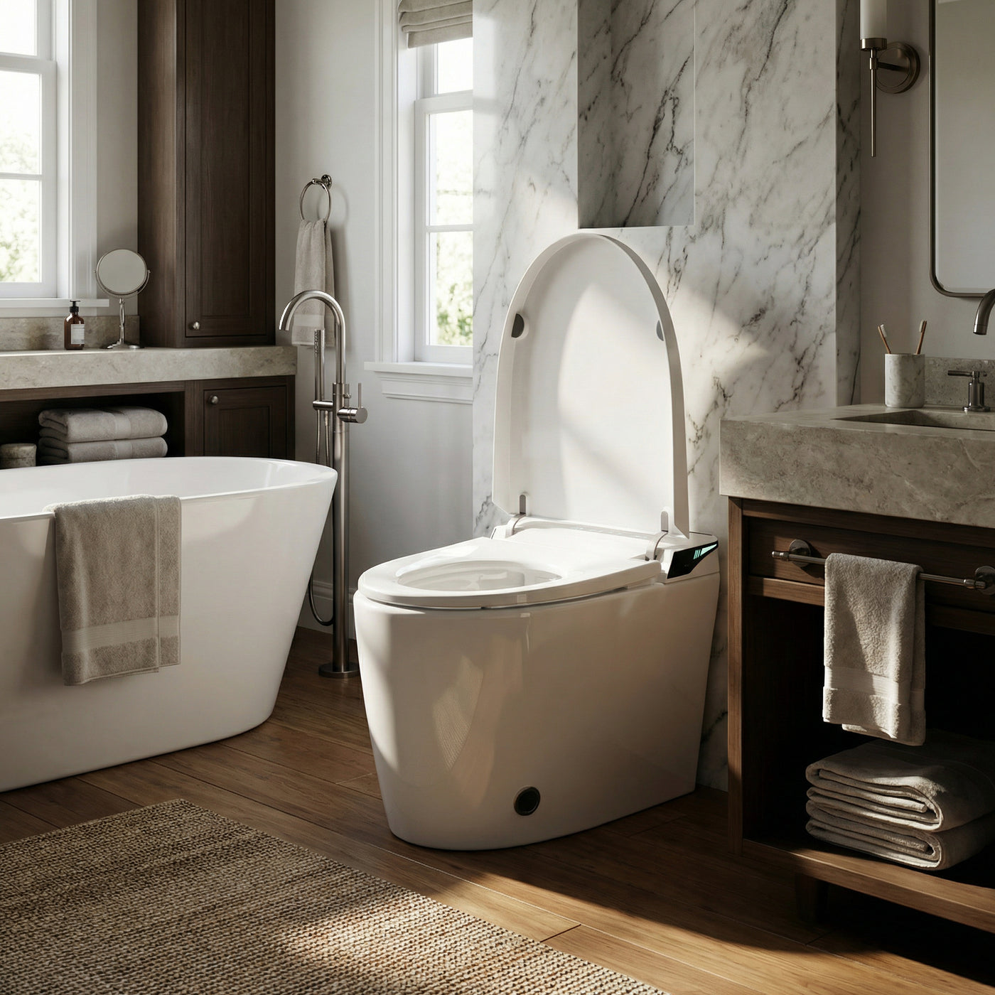 White smart toilet with digital display, and side control knob