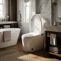 White smart toilet with digital display, and side control knob
