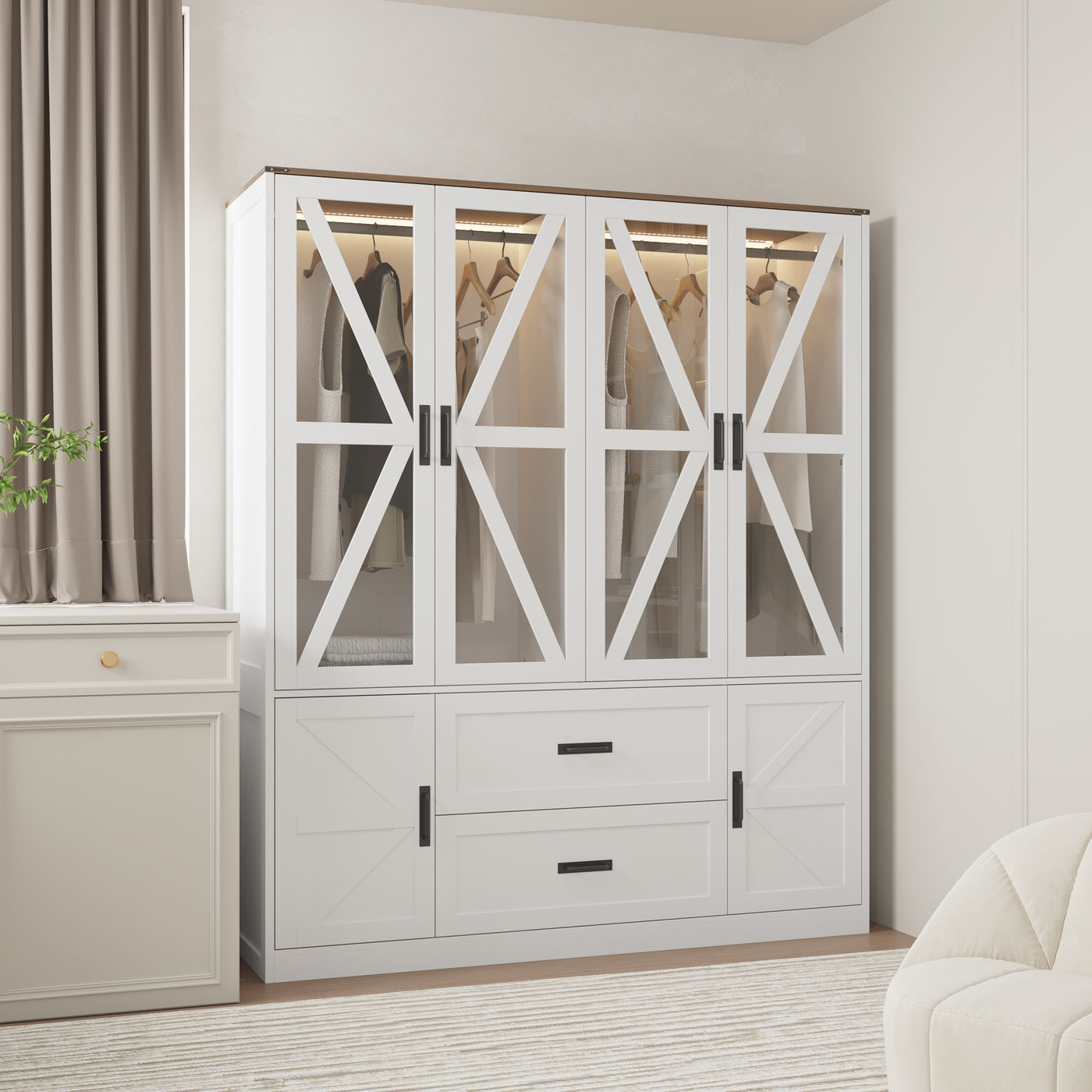 63" Modern Natural Wardrobe with 3-Color Lights and Glass Doors