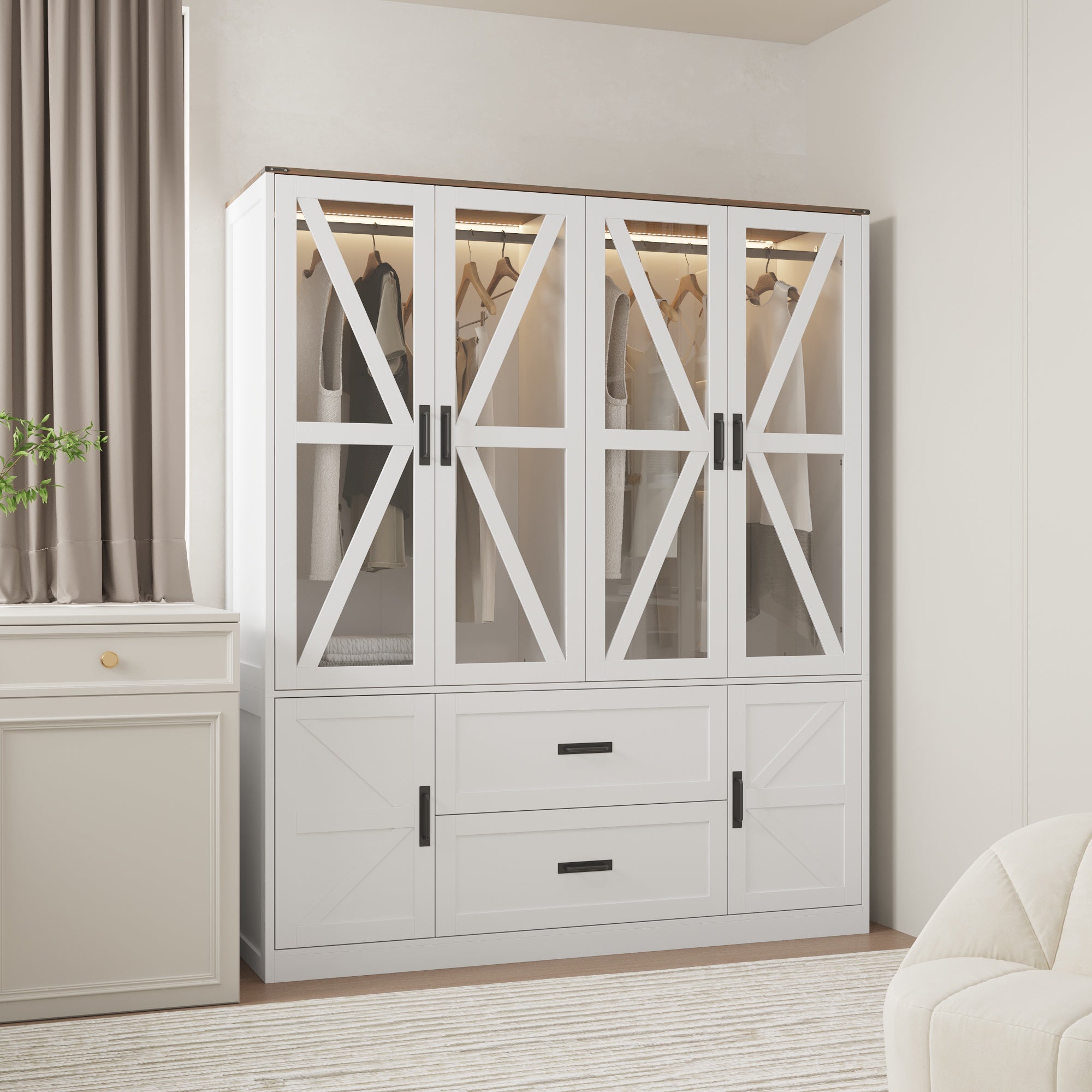 Modern Wardrobe With 3-Color-Lights And Tempered Glass Door