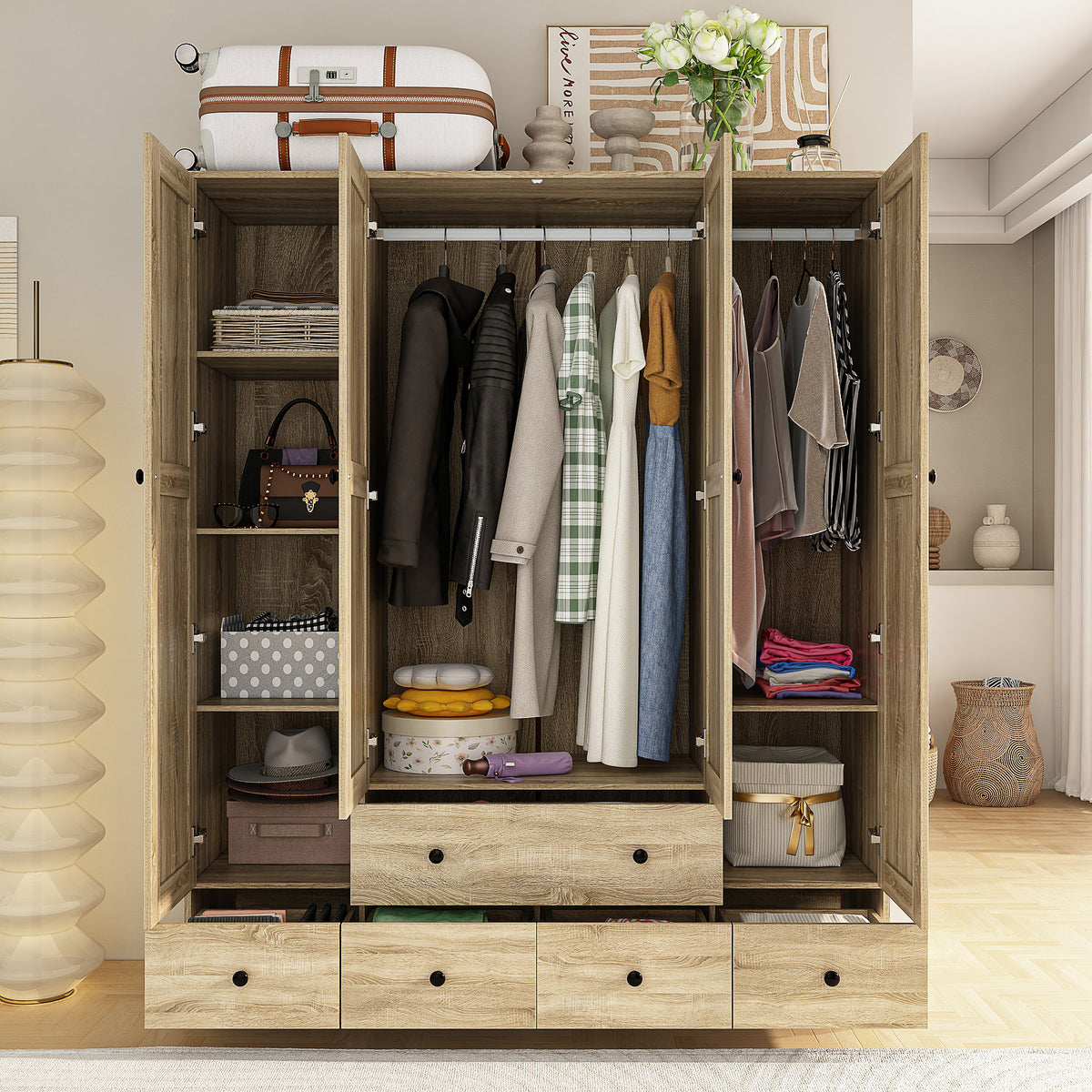 63 inch Rustic 4-Door Wardrobe Armoire with Rattan Paneling, 6 Drawers & 2 Hanging Rods