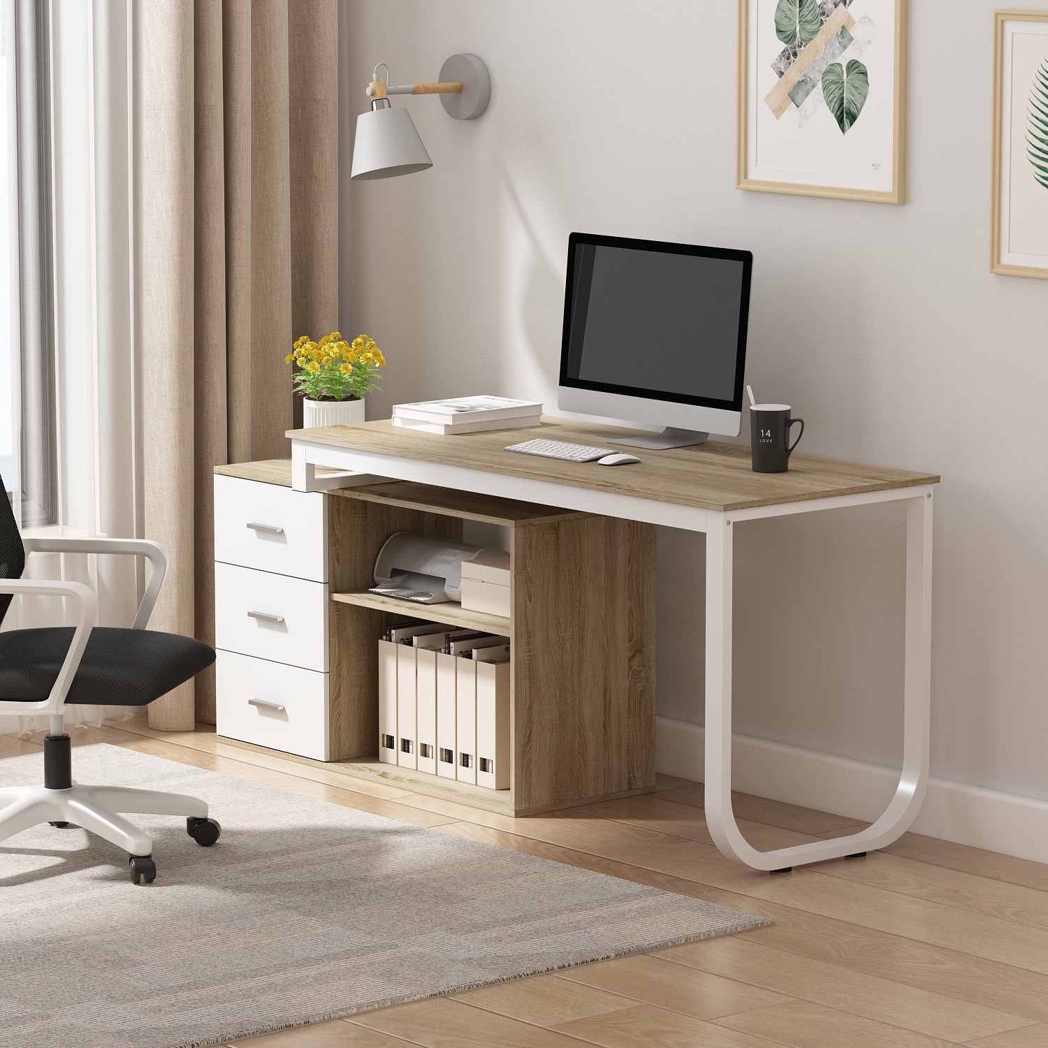 Home Office Computer Desk Corner Desk with 3 Drawers and 2 Shelves, 55 Inch Large L-Shaped Study Writing Table with Storage Cabinet
