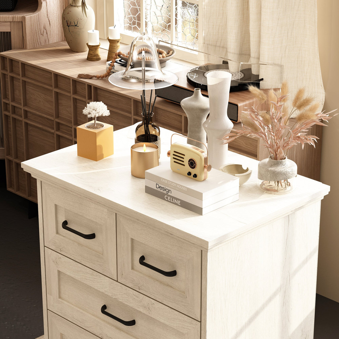 23.6" Modern Rustic Natural Accent Chest with 4 Drawers and Black Metal Handles