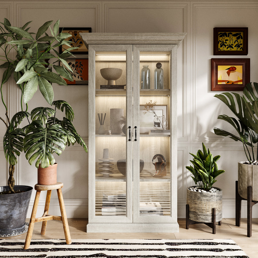 37" Modern 4-Tier Display Bookcase with Glass Doors and Lights