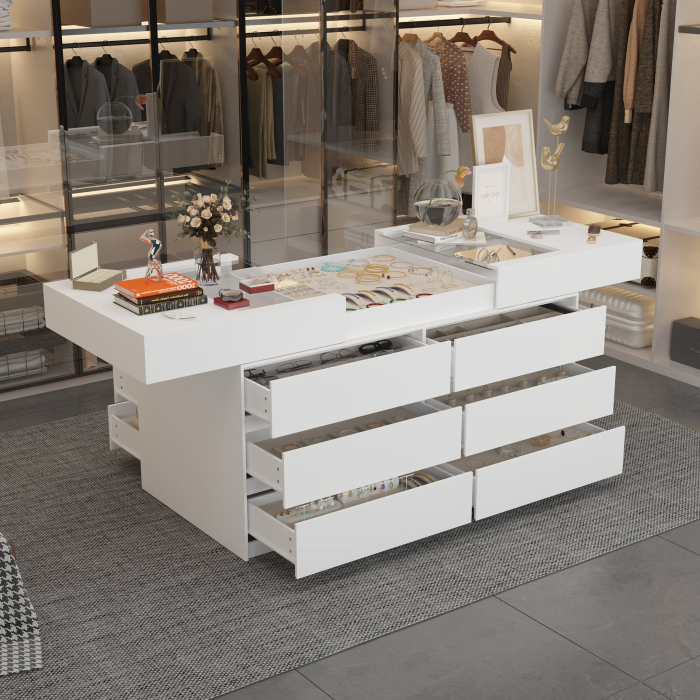 63" Modern White 1-Shelf Chest With 12 Drawers And Tempered Glass Top