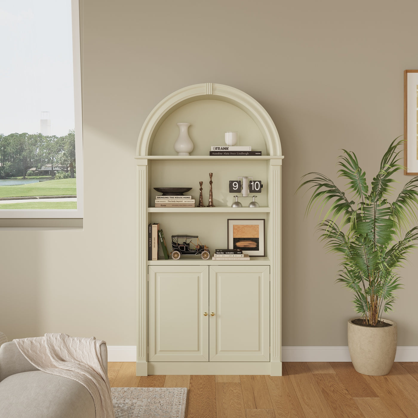71" Mid-Century Milky Yellow Arched Bookcase with 5-Tier Shelves and Cabinet