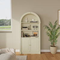71" Mid-Century Milky Yellow Arched Bookcase with 5-Tier Shelves and Cabinet