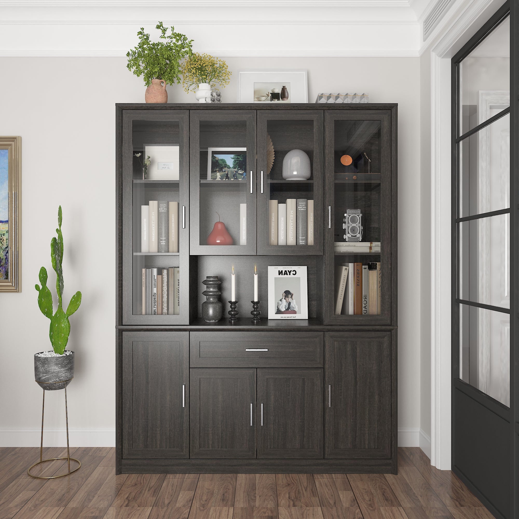 80'' H X 60.6'' W 6-Tier Bookcase With Glass Doors & Drawer