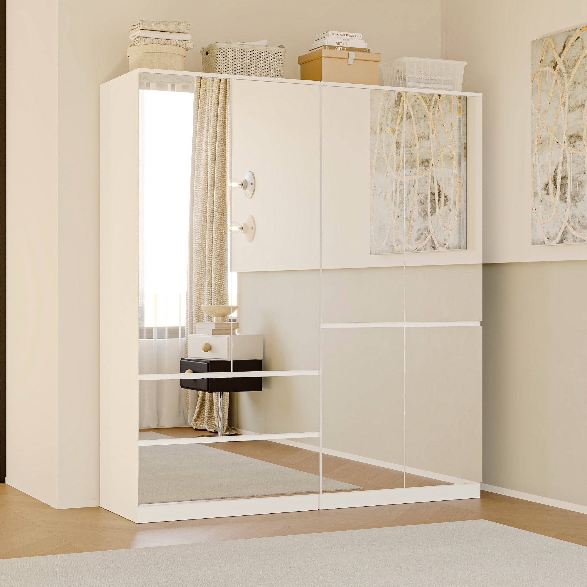 Elegant Full-Length Mirrored Wardrobe With Dual Compartments And Multiple Drawers