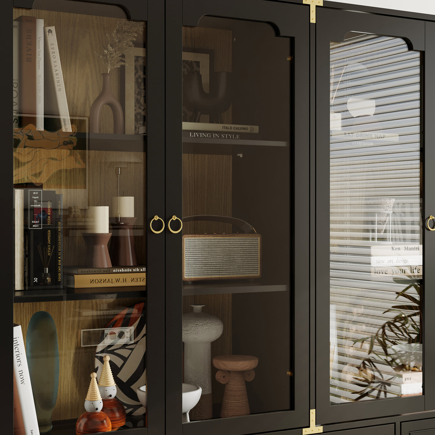 66" Modern Black Display Bookcase with Open Shelves, Glass Doors and 3 Drawers