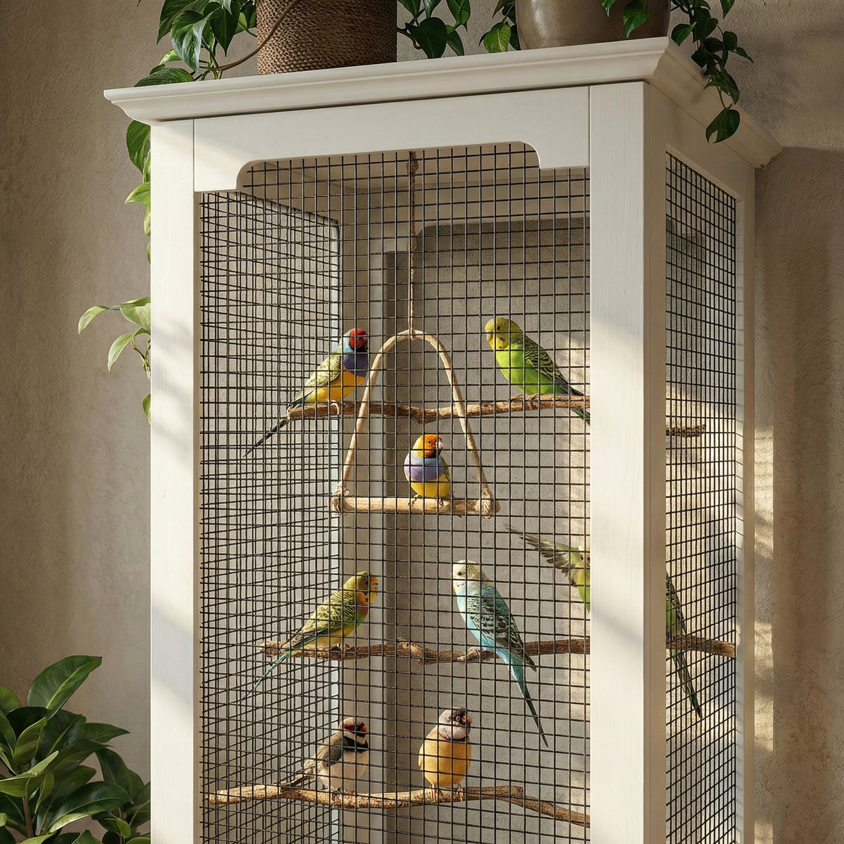 Birdcage with colorful birds inside, placed on a white cabinet.