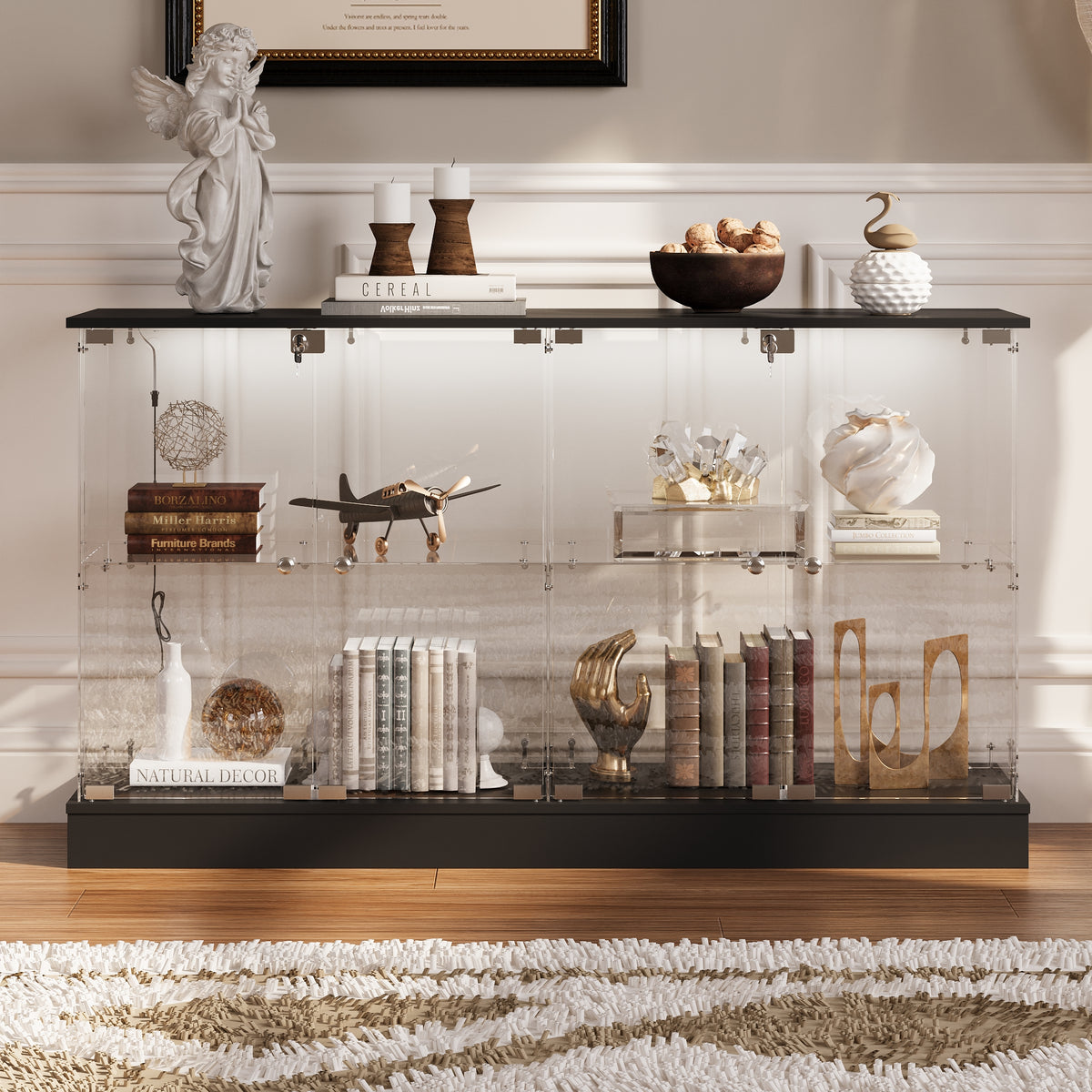 55.1" Modern Black Sideboard Display Case with LED Lighting & Full Glass Design