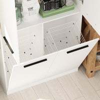 White storage unit with open door revealing wire baskets on a light wood floor.