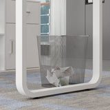 Modern trash can with a white frame and mesh design on a patterned floor.