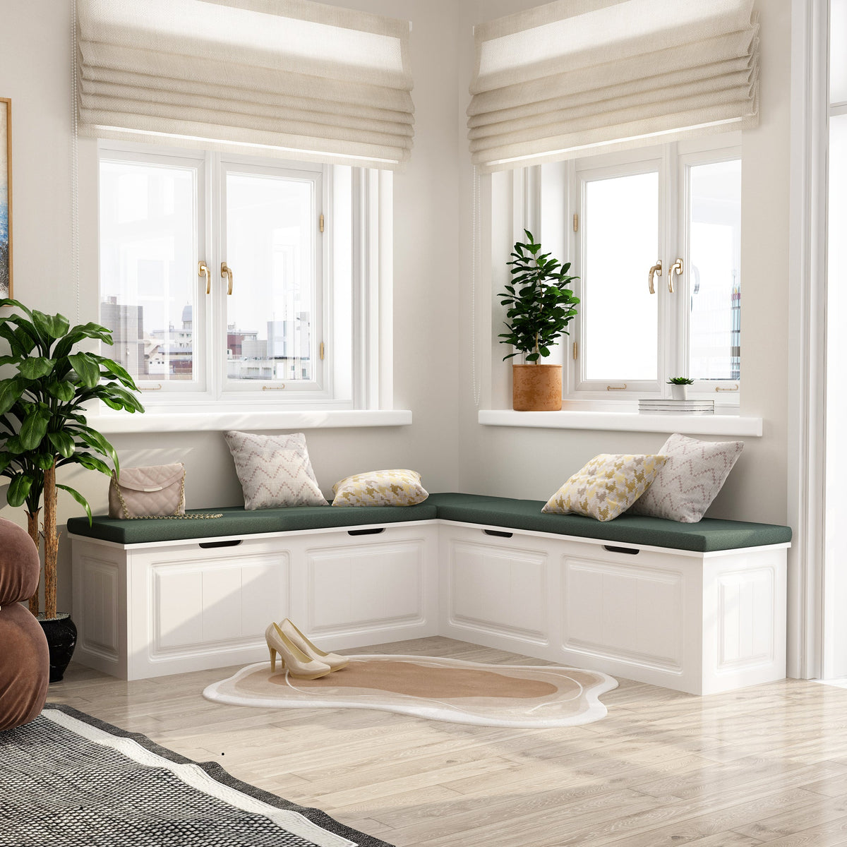 63" Modern White Corner Shoe Bench with Cushion and Storage