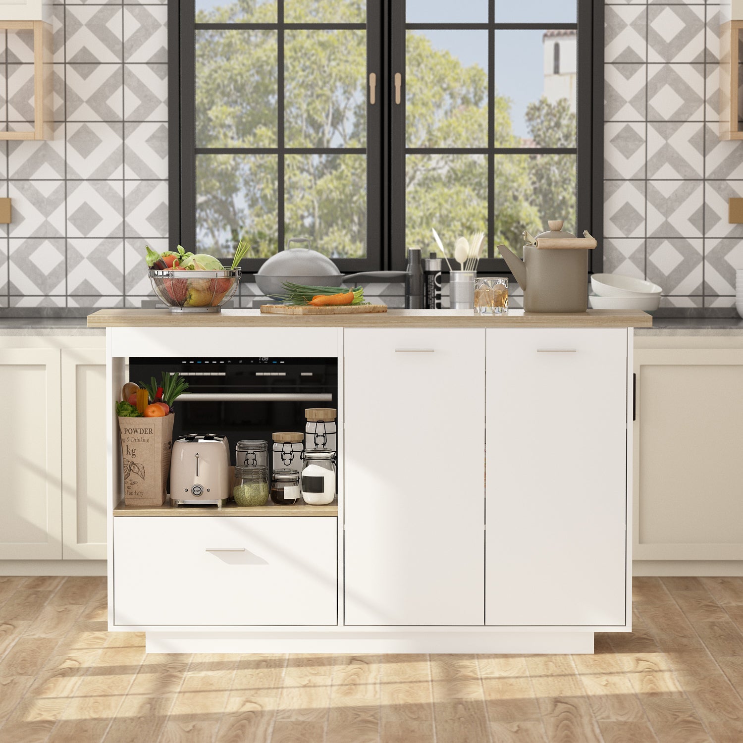 Kitchen Island with Open Storage and Adjustable Shelf Modern Style