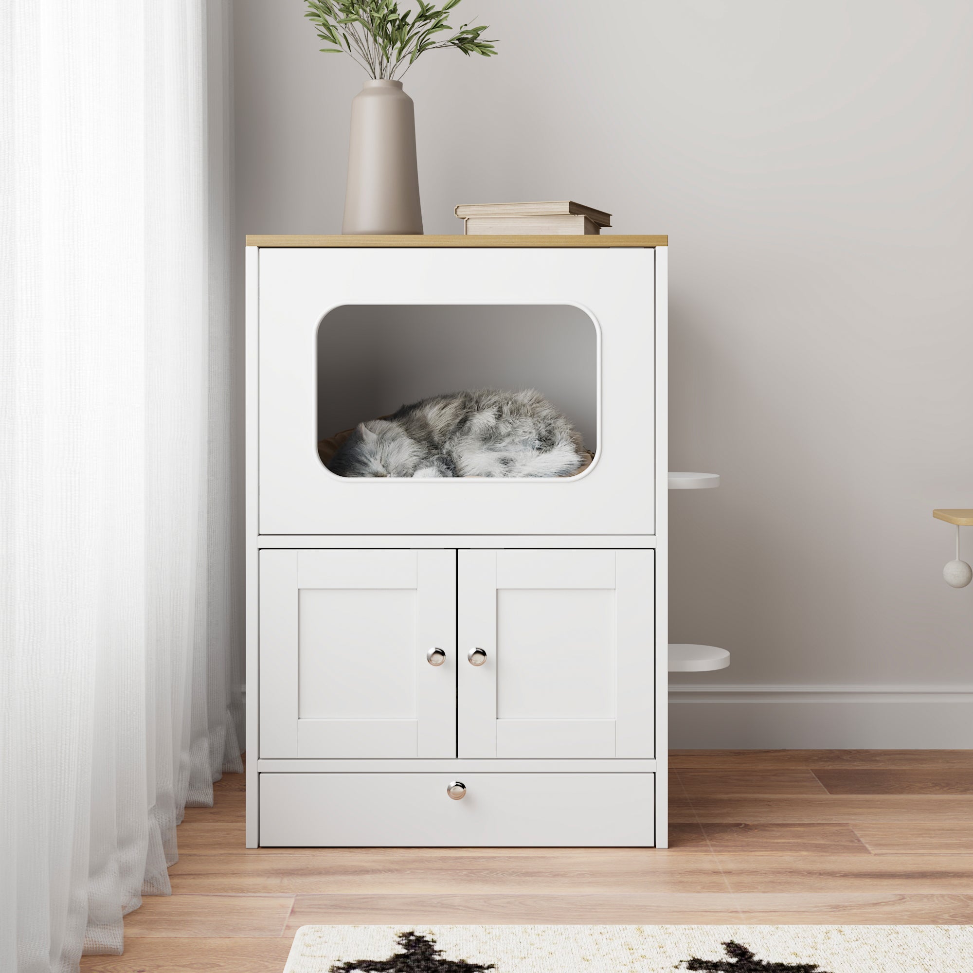 21.7 inches Modern White Multi-Functional Cat Condo Cabinet with Feeding Station and Storage