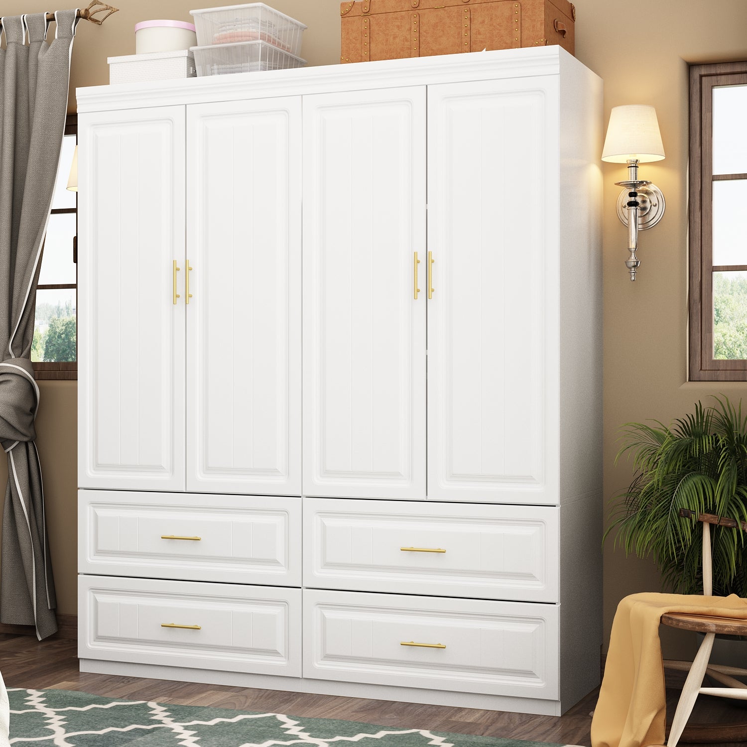 Family Cabinet Wardrobe Bedroom Armoire Home Closet 4 Doors and Drawers