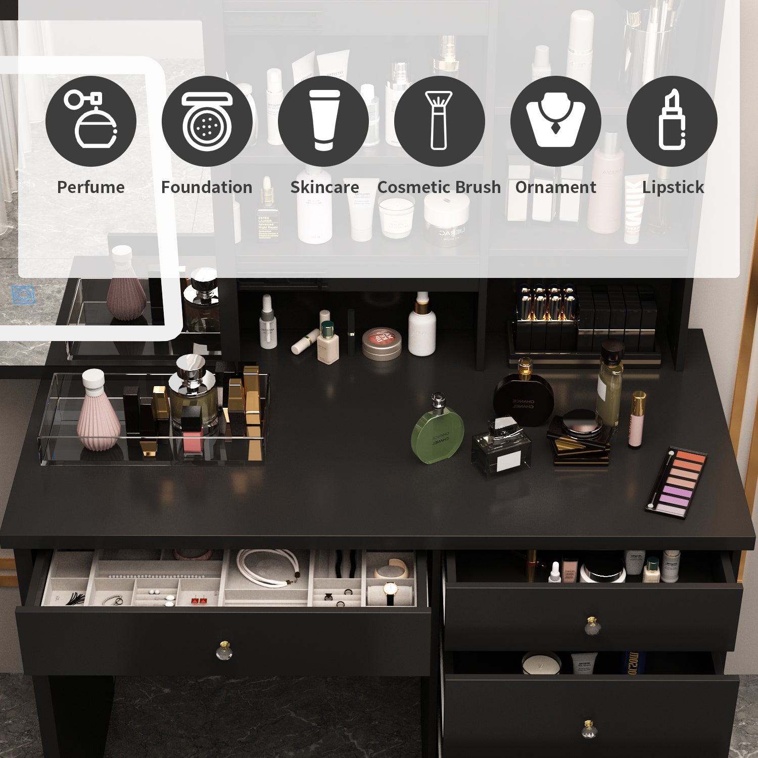 Makeup Vanity Set with Sliding Lighted Mirror, Cushioned Stool, 5 Drawers & Shelves