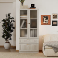 31.5" Modern Minimalist Natural Glass Display Cabinet With Gold Handles And Storage Drawers